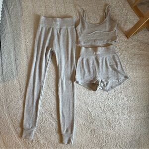 Lounge US Three Piece Loungewear Set Heather Grey Ribbed Leggings Shorts Top XS